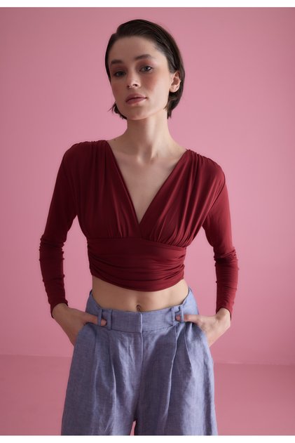 Women's V-Neck Burgundy Long Sleeve Blouse