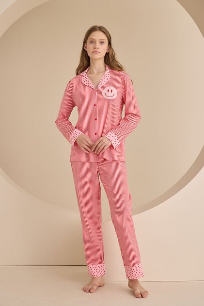 Pembe Smile Önden Düğmeli Pijama Takımı