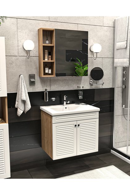 Panjur Kapaklı Aynalı I Lavabolu I Askılı Banyo Lavabo Dolabı Seti I LUXE I AHŞAP - BEYAZ