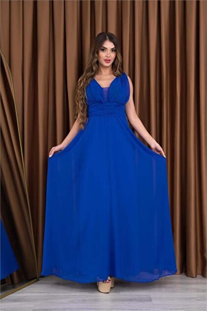 Dipmoda Women's Cobalt Blue V-Neck Chiffon Evening Dress Dp2027- Trendyol