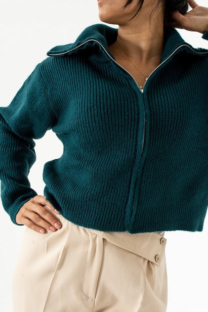 Green Emerald Zipper Detailed Knitwear Cardigan