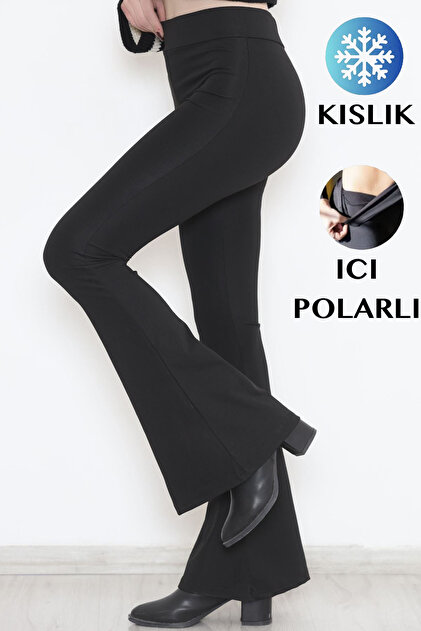 Kışlık Termal İçi Polarlı Kadın Tayt Ispanyol Paça Dalgıç Kumaş Yüksek Bel Toparlayıcı Pantolon