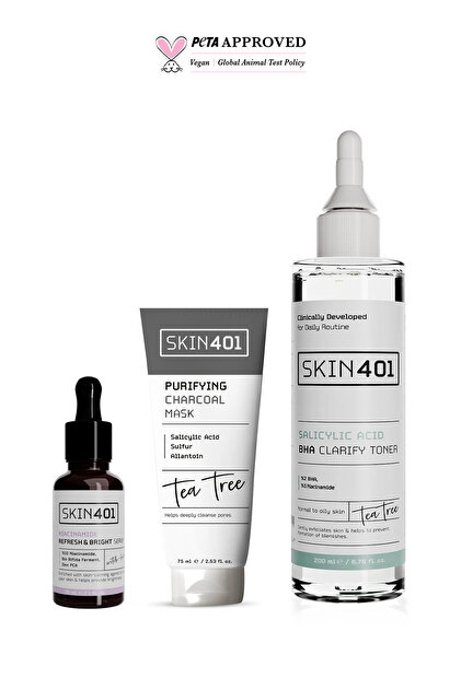 Gözenek ve Siyah Nokta Karşıtı 3’lü Bakım Seti – %2 Salisilik Asit BHA, Sülfür & Kömür Maskesi + %10 Niacinamide Serum