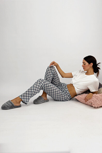 Women's Elastic Waist 100% Cotton Ribbon Patterned Pajamas Bottom Cross Navy Blue