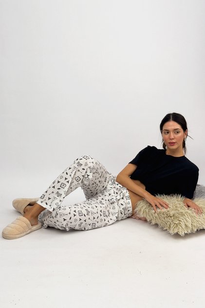 Women's Elastic Waist 100% Cotton Ribbon Patterned Pajama Bottom White