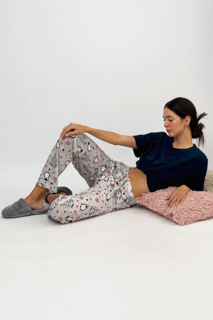Women's Elastic Waist 100% Cotton Ribbon Patterned Pajama Bottoms Gray Penguin