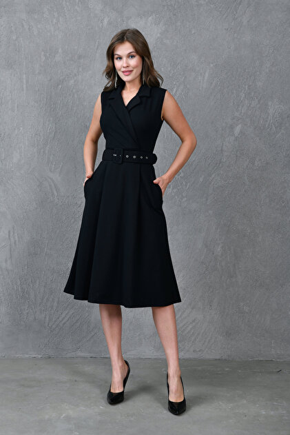 black evening dress jacket 4S1B FASHION Women's Double-Breasted with Collar and Belt Detail, Flared Cut, Midi Length, 012 paired with a matching usher dress Ankle Length Special Occasion Sizes:UK 6