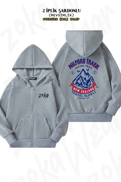 Milford Track New Zealand Oversize Grey Cardigan - Back Print, Zip-Up, Hoodie (2 Thread)