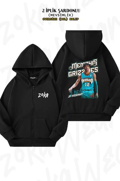 Oversize Ja Morant Back Printed Zippered Hooded Black Cardigan (2 Yarns)