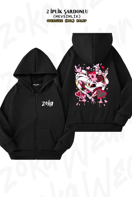 Oversize Hazbin Hotel Angel Dust Back Printed Zippered Hooded Black Cardigan (2 Yarn)