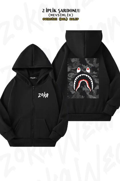 ZOKAWEAR Oversize Gray Bape Shark Sırt Baskılı Fermuarlı Kapşonlu