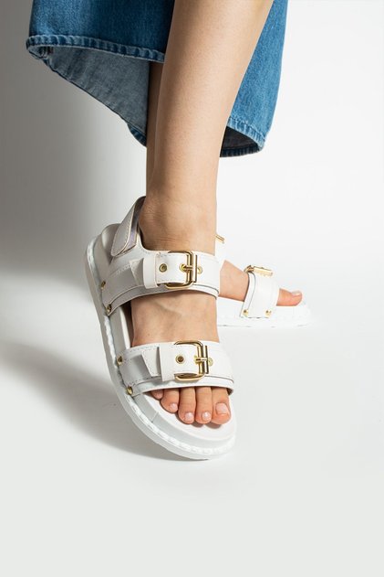 Myles White Vegan Leather Gold Buckle Women's Sandals
