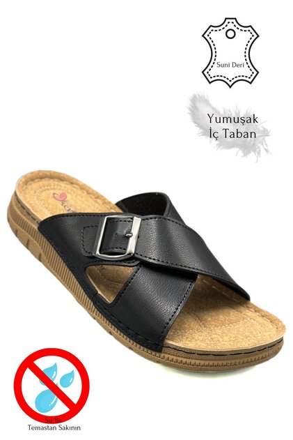 Cross Band Buckle Double Band Light Sole Faux Leather Men's Slippers 521 Black