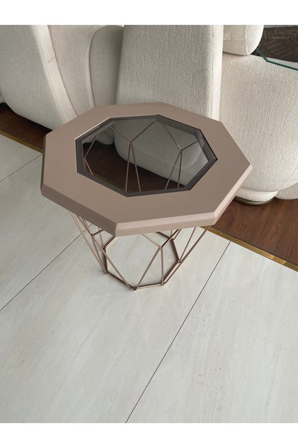 Origami Pudra Yan Sehpa-bakır Renk Ayaklı-üst Tabla Pudra -füme Cam