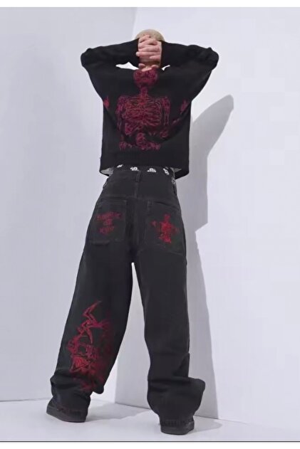 Köstebek Embroidered Skeleton Heaven Can Wait Streetwear Jean