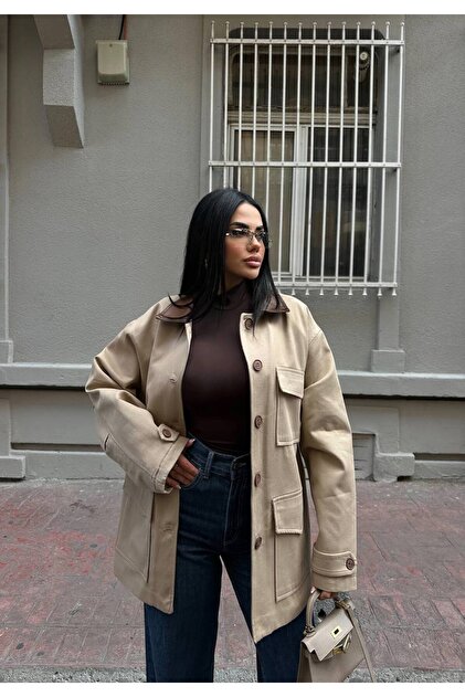 Women's Leather Collar Detailed Jacket Coat with Quilted Pockets Inside