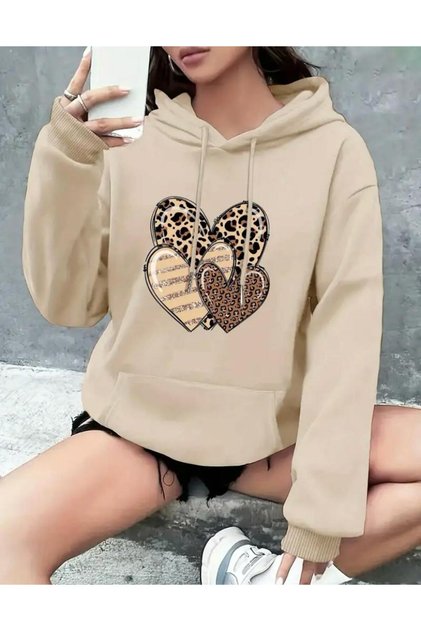 Leopard 3-Piece Heart Printed 2 Thread Raster Hooded Pocket Sweatshirt