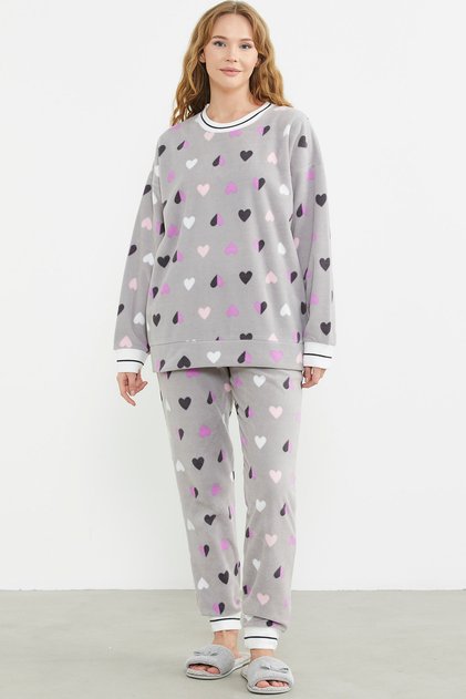 Patterned Oversize Fleece Pajama Set - Gray