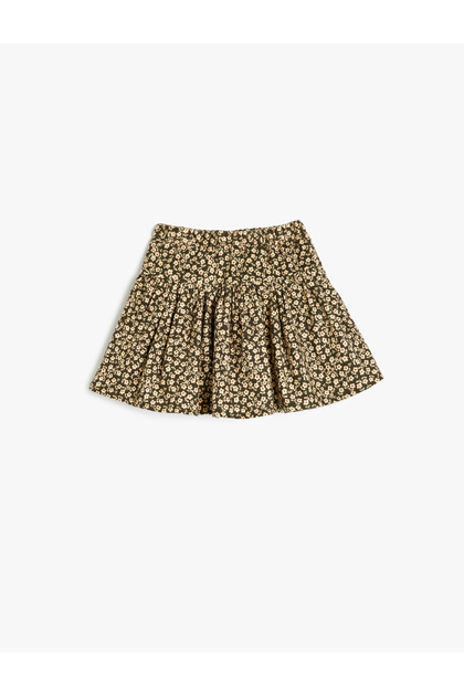 Floral Flannel Skirt Pleated Elastic Waist Cotton