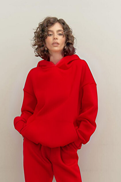Kadın Rahat Kesim Oversize 3 İplik Pamuklu Şardonlu Kanguru Cep Kapşonlu Hoodie Sweatshirt