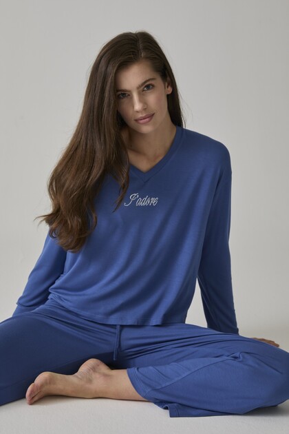 Women's Blue Solid Color Stone Printed Pjama Suit