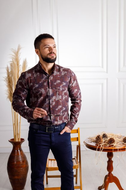 İnterview Sarar Drew Şal Desen Slim Fit Lacivert Bordo Gömlek