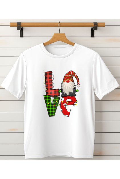 New Year, Christmas Love Print Detailed Crew Neck White T-Shirt