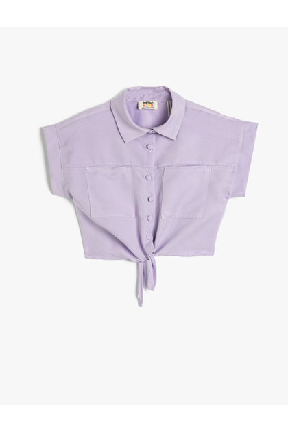 Crop Shirt Front Tie Detail Short Sleeve Pocket Modal Fabric