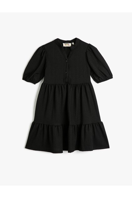 Dress Long Short Balloon Sleeve Mandarin Collar Buttoned