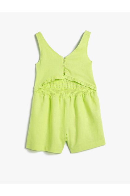 Suspender Linen Shorts Jumpsuit with Window Detail and Guipes