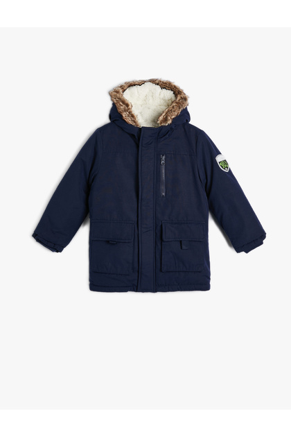 Hooded Coat with Padded Pockets, Wind Flap, Fur Inside, Zipper