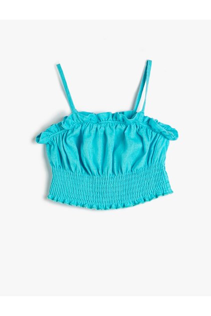 Linen Crop Blouse with Straps, Frilly Gipe Detail