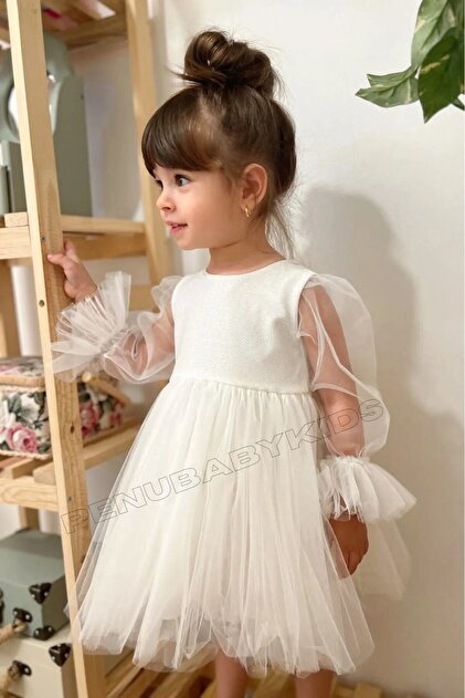 penu baby kids White Long Tulle Sleeve Detailed Tutu Baby Girl