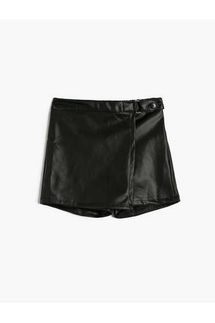 Shorts Skirt Leather Look Elastic Waist Button Detailed