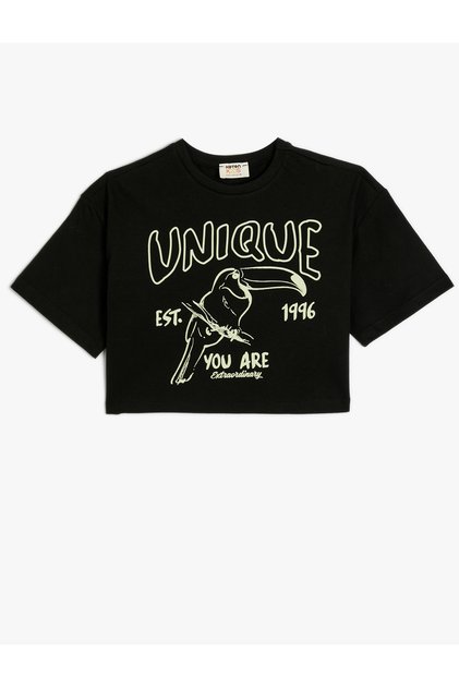 Crop T-Shirt Short Sleeve Printed Crew Neck Cotton
