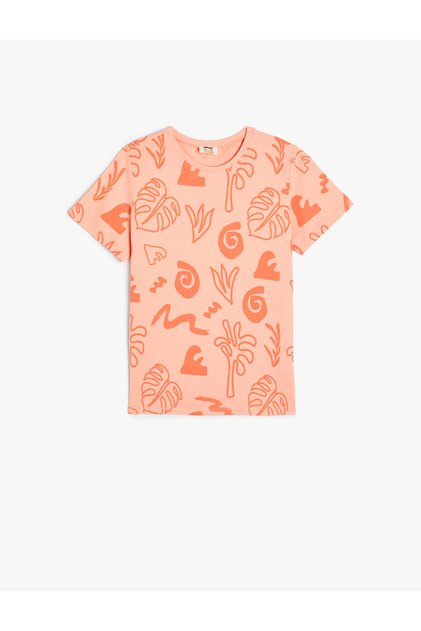 T-Shirt Short Sleeve Crew Neck Leaf Printed Cotton