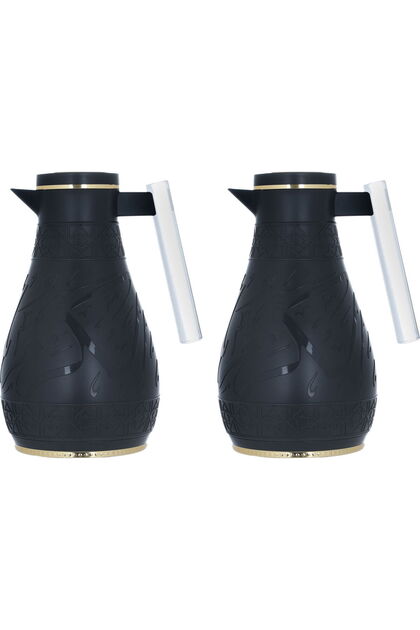 A Set Of Black Karam Thermos, Islamic Engraving, Acrylic Handle, Two Pieces