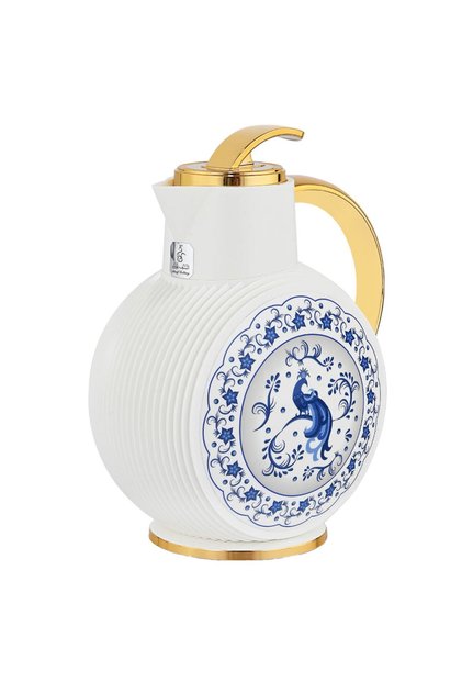 Al Jawhara Thermos, White, Blue Peacock Pattern, Golden Handle, 0.9 Liters