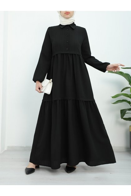 Rochie elastică cu mânecă cu jumătate de nasturi -Negru
