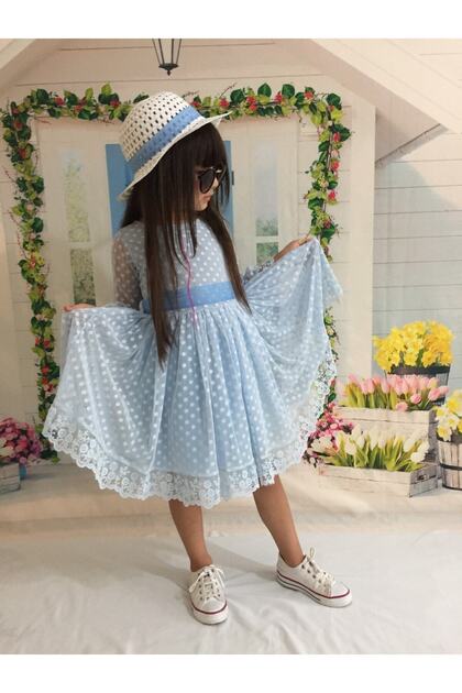 Girl's Baby Blue Laced Lace Dress