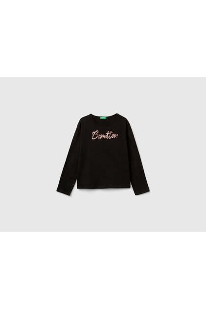 Girl's Black Front Sequin Logo Embroidered Crew Neck Long Sleeve T-Shirt