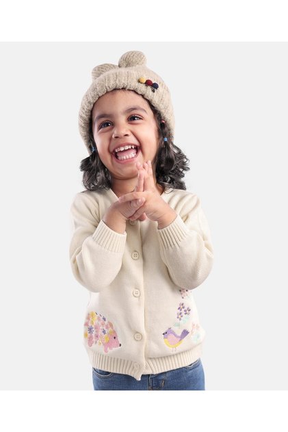 100% Cotton Full Sleeves Sweater With Floral Embroidery - Off White