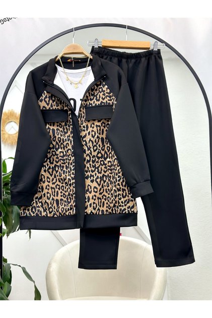 Leopard Patterned Zippered Double Set