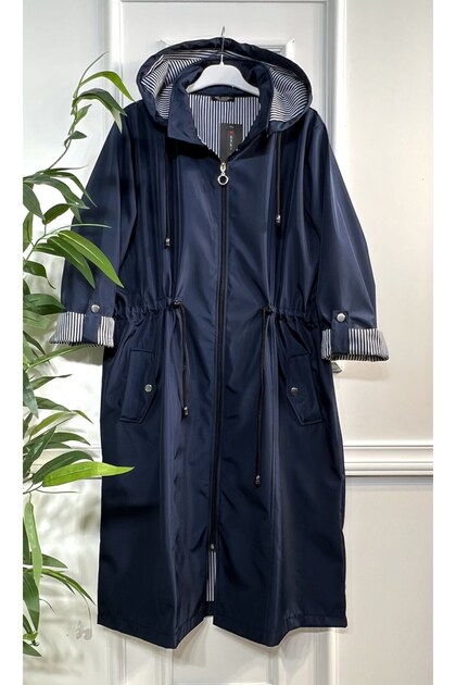 Large Size Dream Detachable Hooded Striped Inside Medium Trench - Navy Blue