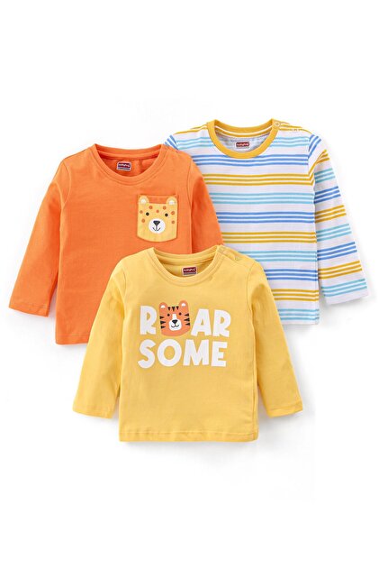Babyhug Cotton Full Sleeves Striped Tees with Tiger Graphics Pack of 3 - Multicolor