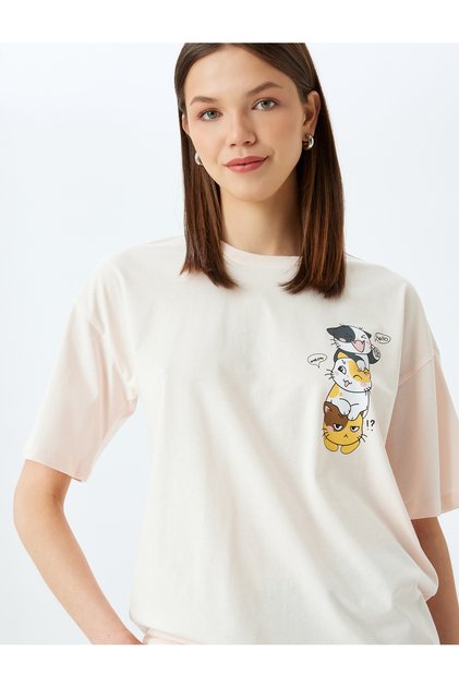 Cat Printed Crew Neck Short Sleeve Comfortable Fit T-Shirt