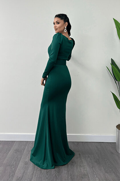 giyimmasal Crepe Fabric Belt Detailed Fish Dress - Emerald Green- Trendyol giyimmasal Crepe Fabric Belt Detailed Fish Dress - Emerald Green- Trendyol