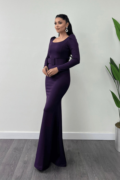 giyimmasal Crepe Fabric Belt Detailed Fish Dress - Eggplant Purple- Trendyol giyimmasal Crepe Fabric Belt Detailed Fish Dress - Eggplant Purple- Trendyol