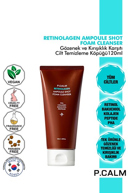 P.Calm Bakuchiol,Retinol ve Kolajen içeren Gözenek & Kırışıklık Karşıtı Yüz Temizleme Köpüğü-120ml