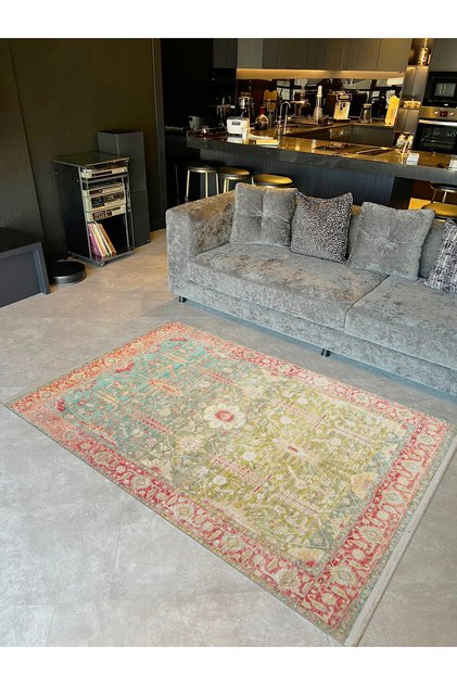 Barcelona Collection Green and Blue Tones Antique Floral Motives Patterned Vintage Decorative Carpet 53